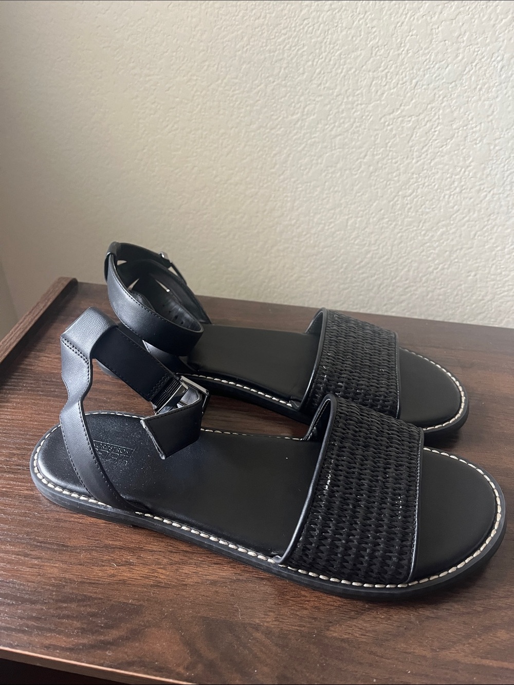 Women's Black Woven Ankle-Strap Sandals